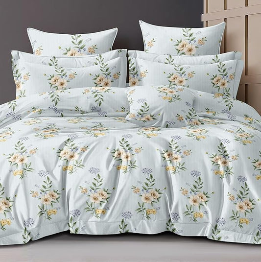 Cotton Feel Glace Cotton Elastic Fitted Printed King Size Double Bed Bedsheet with 2 Pillow Cover Fits Upto 8 Inches Mattress, 300TC (90"x100") (Floral Elegance)