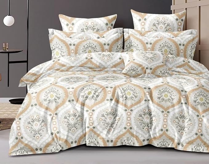 Cotton Feel Glace Cotton Elastic Fitted Printed King Size Double Bed Bedsheet with 2 Pillow Cover Fits Upto 8 Inches Mattress, 300TC (90"x100") (Azure Beige)