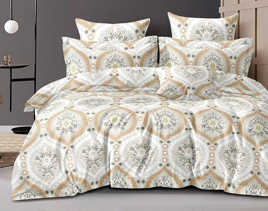 Cotton Feel Glace Cotton Elastic Fitted Printed King Size Double Bed Bedsheet with 2 Pillow Cover Fits Upto 8 Inches Mattress, 300TC (90"x100") (Azure Beige)