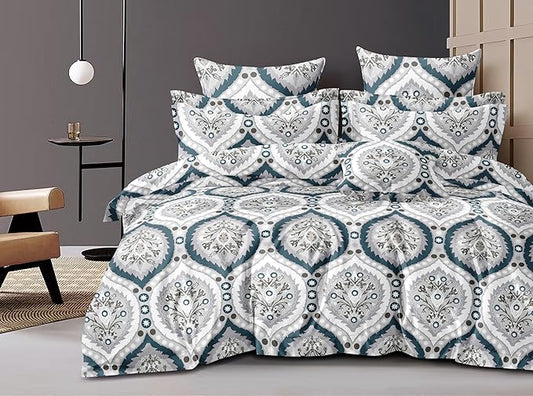 Cotton Feel Glace Cotton Elastic Fitted Printed King Size Double Bed Bedsheet with 2 Pillow Cover Fits Upto 8 Inches Mattress, 300TC (90"x100") (Azure Grace)