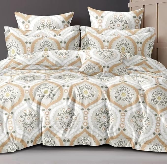 Cotton Feel Glace Cotton Elastic Fitted Printed King Size Double Bed Bedsheet with 2 Pillow Cover Fits Upto 8 Inches Mattress, 300TC (90"x100") (Azure Beige)