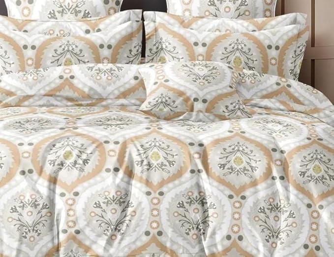 Cotton Feel Glace Cotton Elastic Fitted Printed King Size Double Bed Bedsheet with 2 Pillow Cover Fits Upto 8 Inches Mattress, 300TC (90"x100") (Azure Beige)