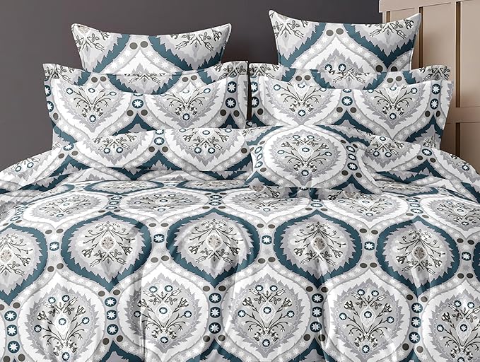 Cotton Feel Glace Cotton Elastic Fitted Printed King Size Double Bed Bedsheet with 2 Pillow Cover Fits Upto 8 Inches Mattress, 300TC (90"x100") (Azure Grace)