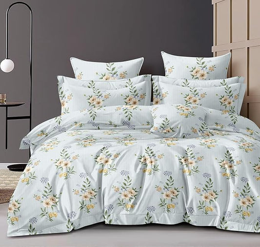 Cotton Feel Glace Cotton Elastic Fitted Printed King Size Double Bed Bedsheet with 2 Pillow Cover Fits Upto 8 Inches Mattress, 300TC (90"x100") (Floral Elegance)