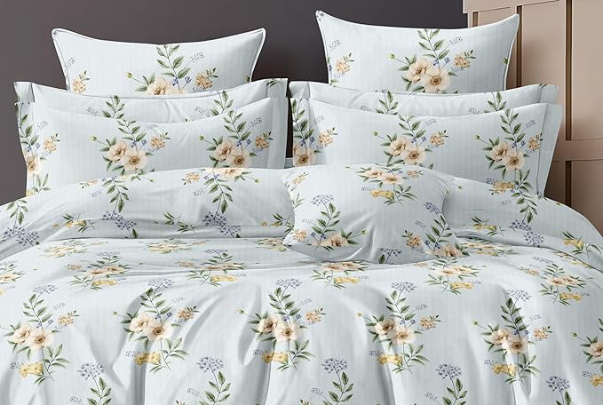Cotton Feel Glace Cotton Elastic Fitted Printed King Size Double Bed Bedsheet with 2 Pillow Cover Fits Upto 8 Inches Mattress, 300TC (90"x100") (Floral Elegance)