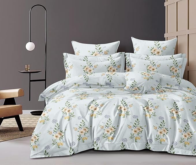 Cotton Feel Glace Cotton Elastic Fitted Printed King Size Double Bed Bedsheet with 2 Pillow Cover Fits Upto 8 Inches Mattress, 300TC (90"x100") (Floral Elegance)