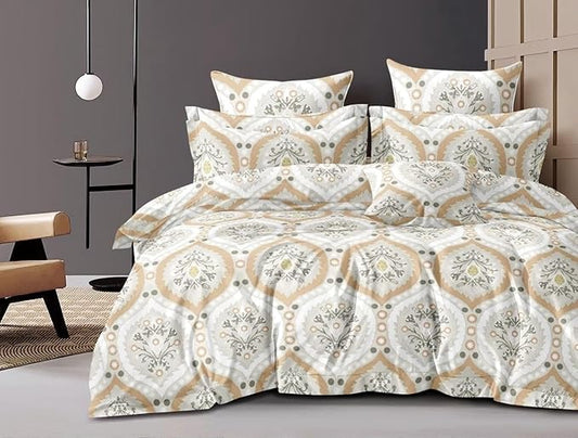 Cotton Feel Glace Cotton Elastic Fitted Printed King Size Double Bed Bedsheet with 2 Pillow Cover Fits Upto 8 Inches Mattress, 300TC (90"x100") (Azure Beige)