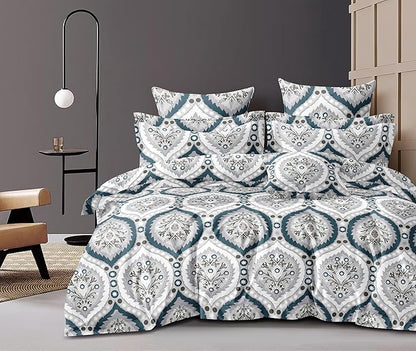 Cotton Feel Glace Cotton Elastic Fitted Printed King Size Double Bed Bedsheet with 2 Pillow Cover Fits Upto 8 Inches Mattress, 300TC (90"x100") (Azure Grace)