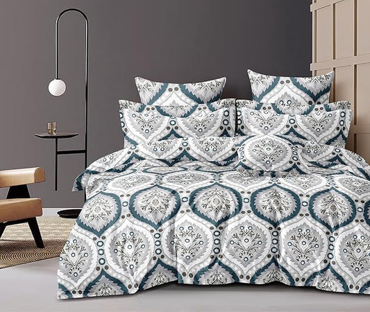 Cotton Feel Glace Cotton Elastic Fitted Printed King Size Double Bed Bedsheet with 2 Pillow Cover Fits Upto 8 Inches Mattress, 300TC (90"x100") (Azure Grace)