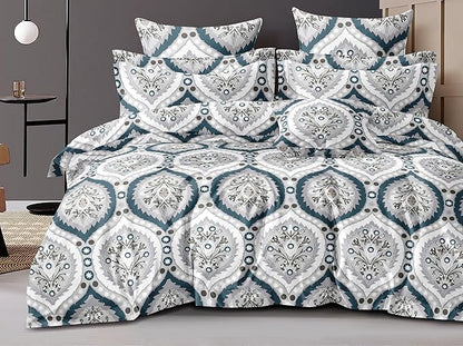 Cotton Feel Glace Cotton Elastic Fitted Printed King Size Double Bed Bedsheet with 2 Pillow Cover Fits Upto 8 Inches Mattress, 300TC (90"x100") (Azure Grace)