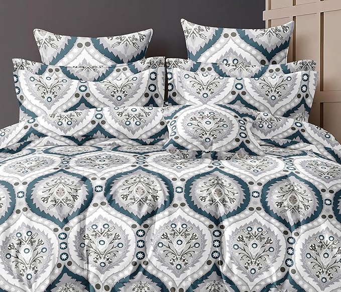 Cotton Feel Glace Cotton Elastic Fitted Printed King Size Double Bed Bedsheet with 2 Pillow Cover Fits Upto 8 Inches Mattress, 300TC (90"x100") (Azure Grace)